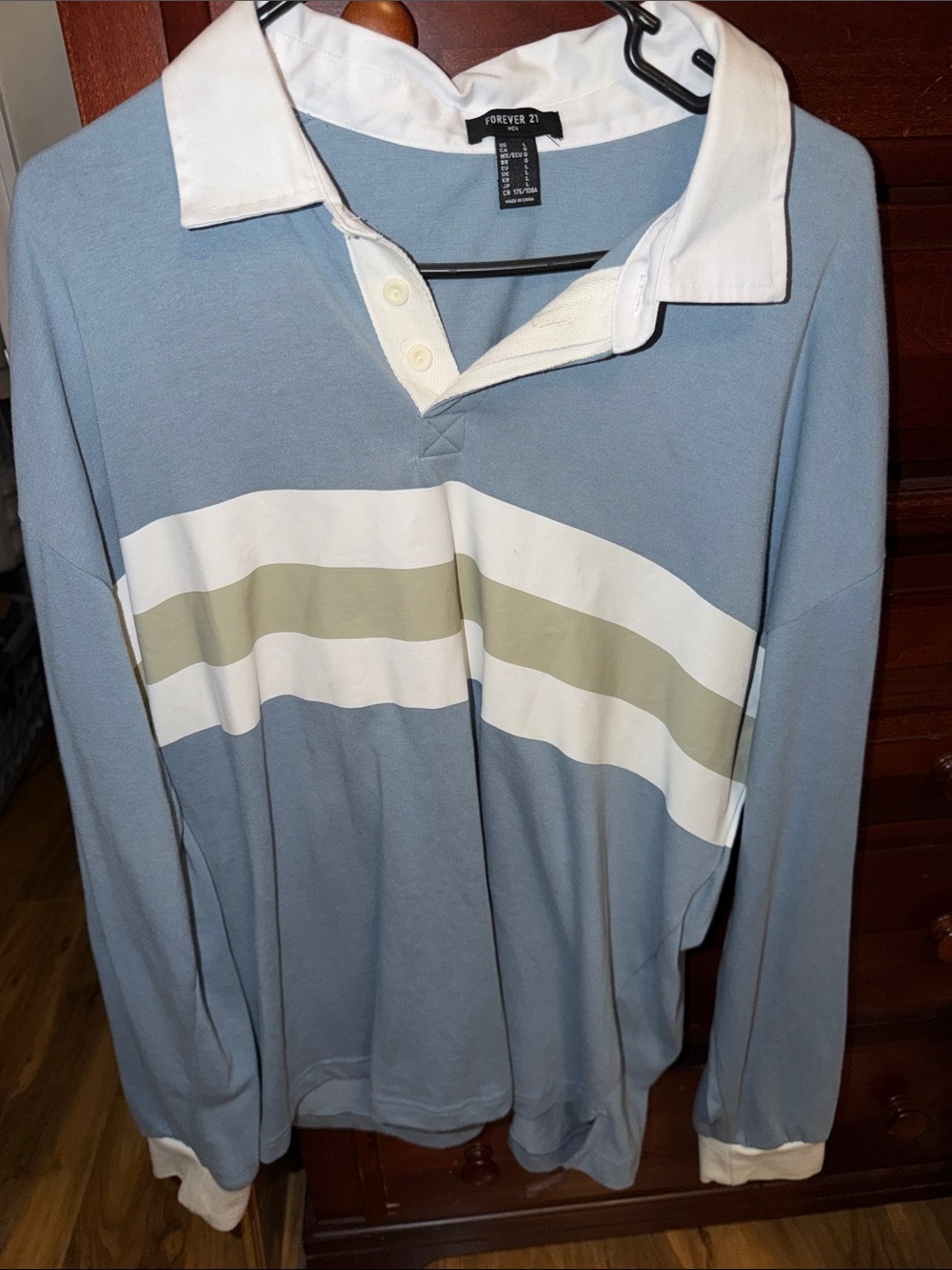 Forever 21 Men’s Light Blue Rugby Shirt with White & Olive Stripes